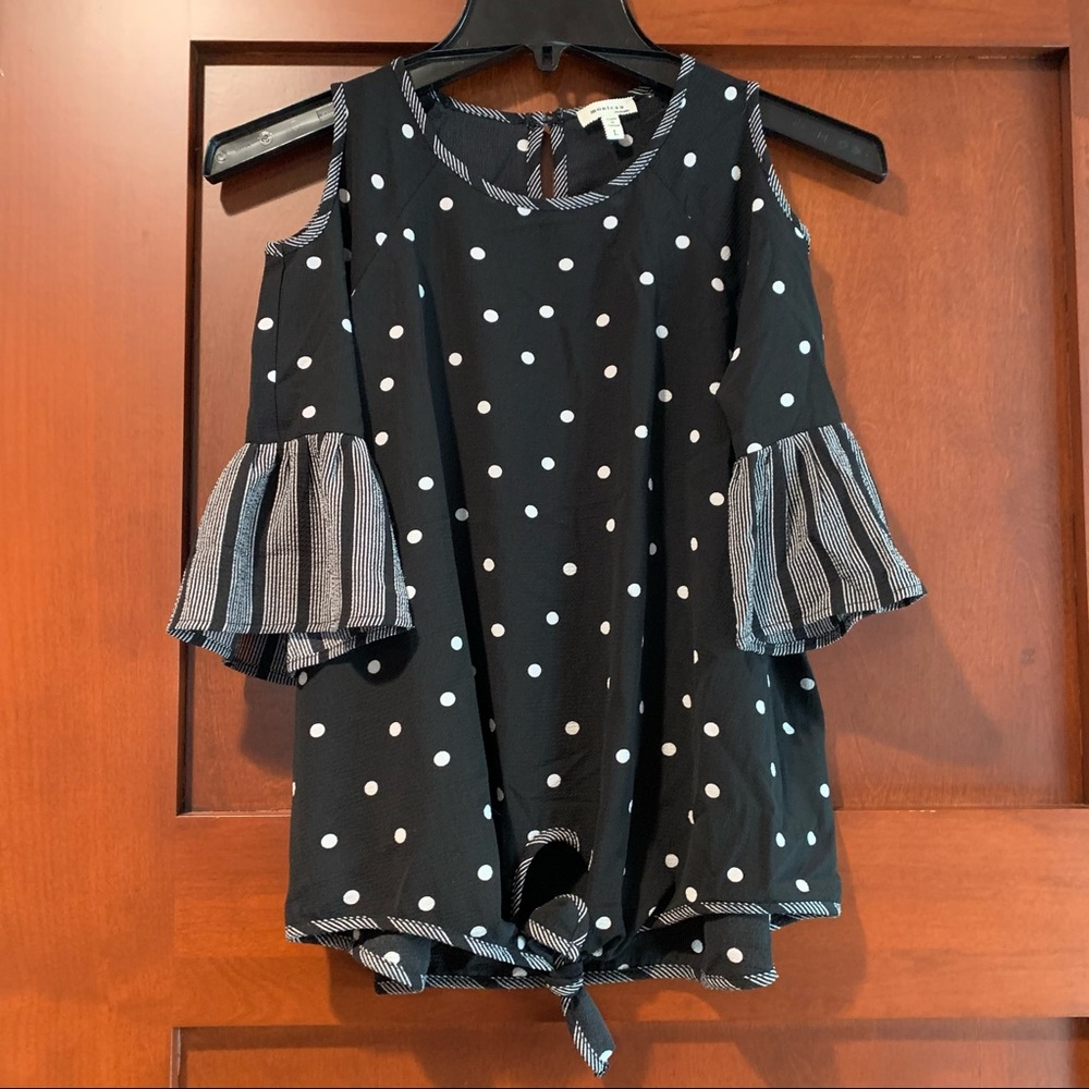 Monteau Polka Dot Striped Keyhole Tie Ruffle Sleeve Blouse